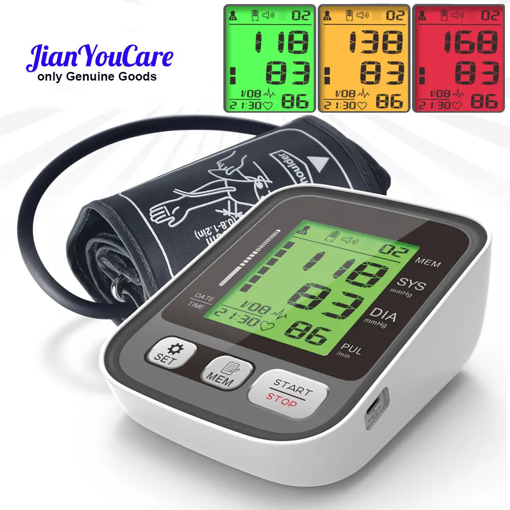 JianYouCare Digital LCD arm tensiometers Blood Pressure Monitor Heart rate Meter Large Cuff Sphygmomanometer Portable Tonometer