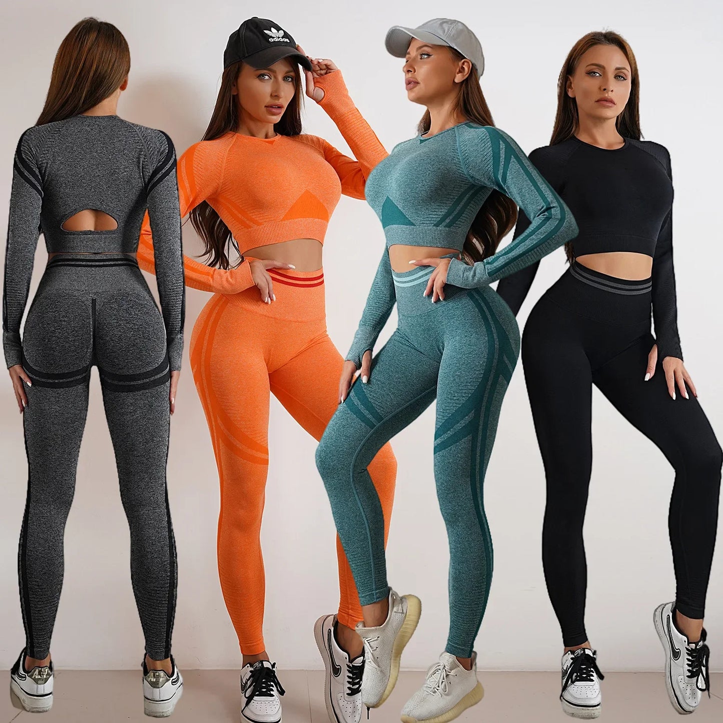 Seamless Yoga Sets Sports Fitness High Waist Hip Raise Pants Long-Sleeved Backless Suit Workout Clothes Gym Shorts Set for Women